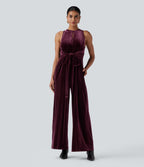 Round Neck Sleeveless Tie Back Velvet Party Jumpsuit with Pockets — Dusky purple — view 7
