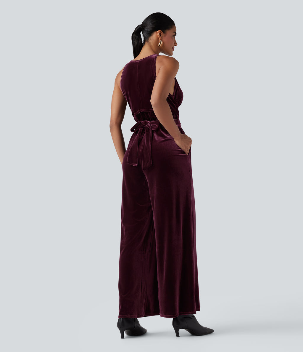 Round Neck Sleeveless Tie Back Velvet Party Jumpsuit with Pockets — Dusky purple — view 3