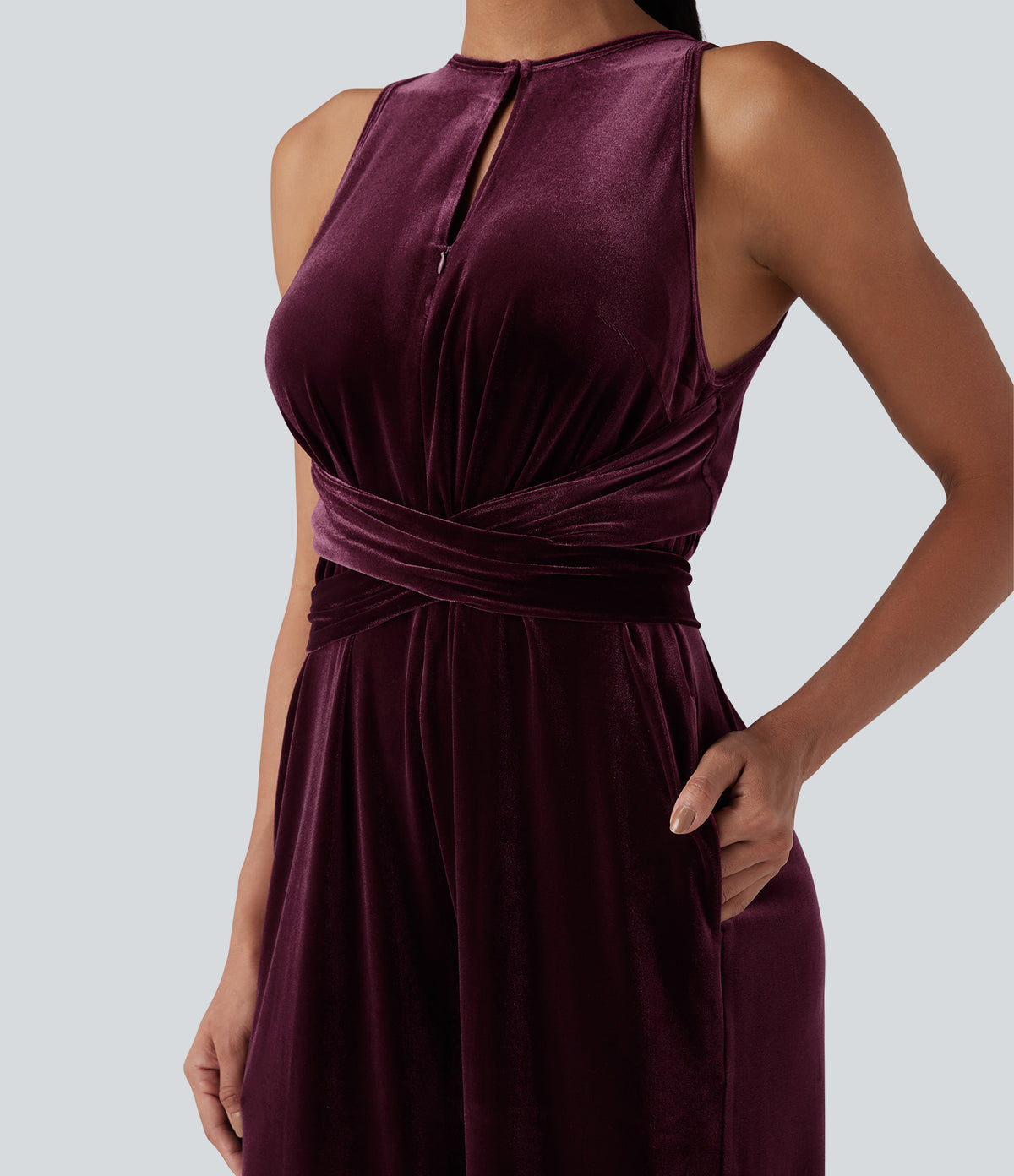 Round Neck Sleeveless Tie Back Velvet Party Jumpsuit with Pockets — Dusky purple — view 5
