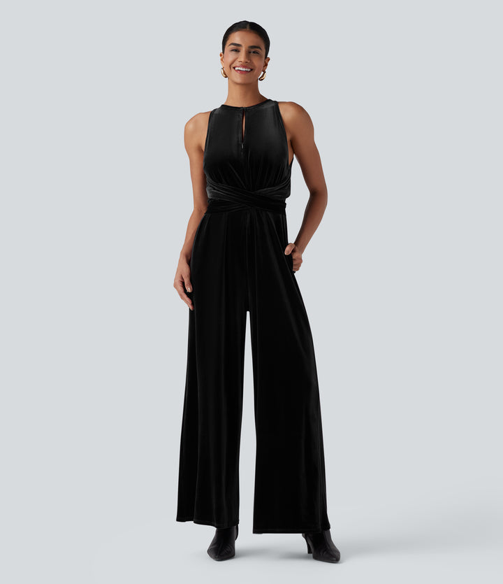 Round Neck Sleeveless Tie Back Velvet Party Jumpsuit with Pockets — Black — view 9