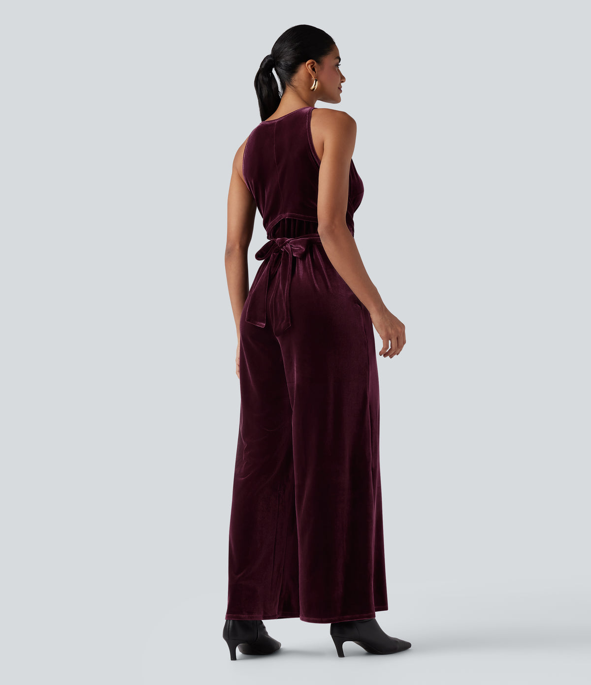 Round Neck Sleeveless Tie Back Velvet Party Jumpsuit with Pockets — Dusky purple — view 2