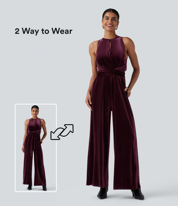 Round Neck Sleeveless Tie Back Velvet Party Jumpsuit with Pockets — Dusky purple — view 1