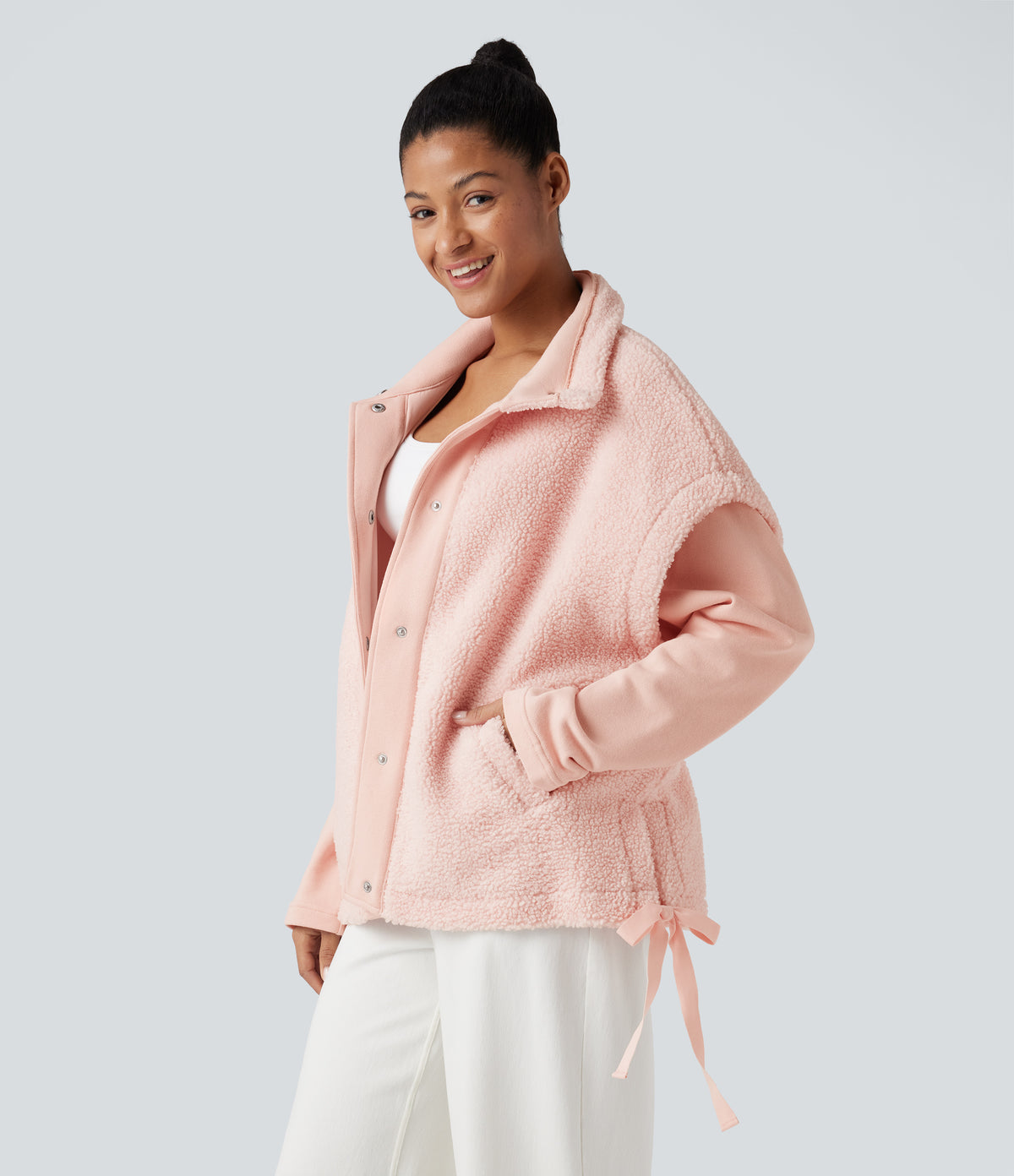 High-neck Knot 2-in-1 Casual Sherpa Jacket with Pockets — Mangano Calcite — view 3