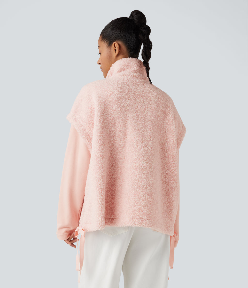 High-neck Knot 2-in-1 Casual Sherpa Jacket with Pockets — Mangano Calcite — view 2