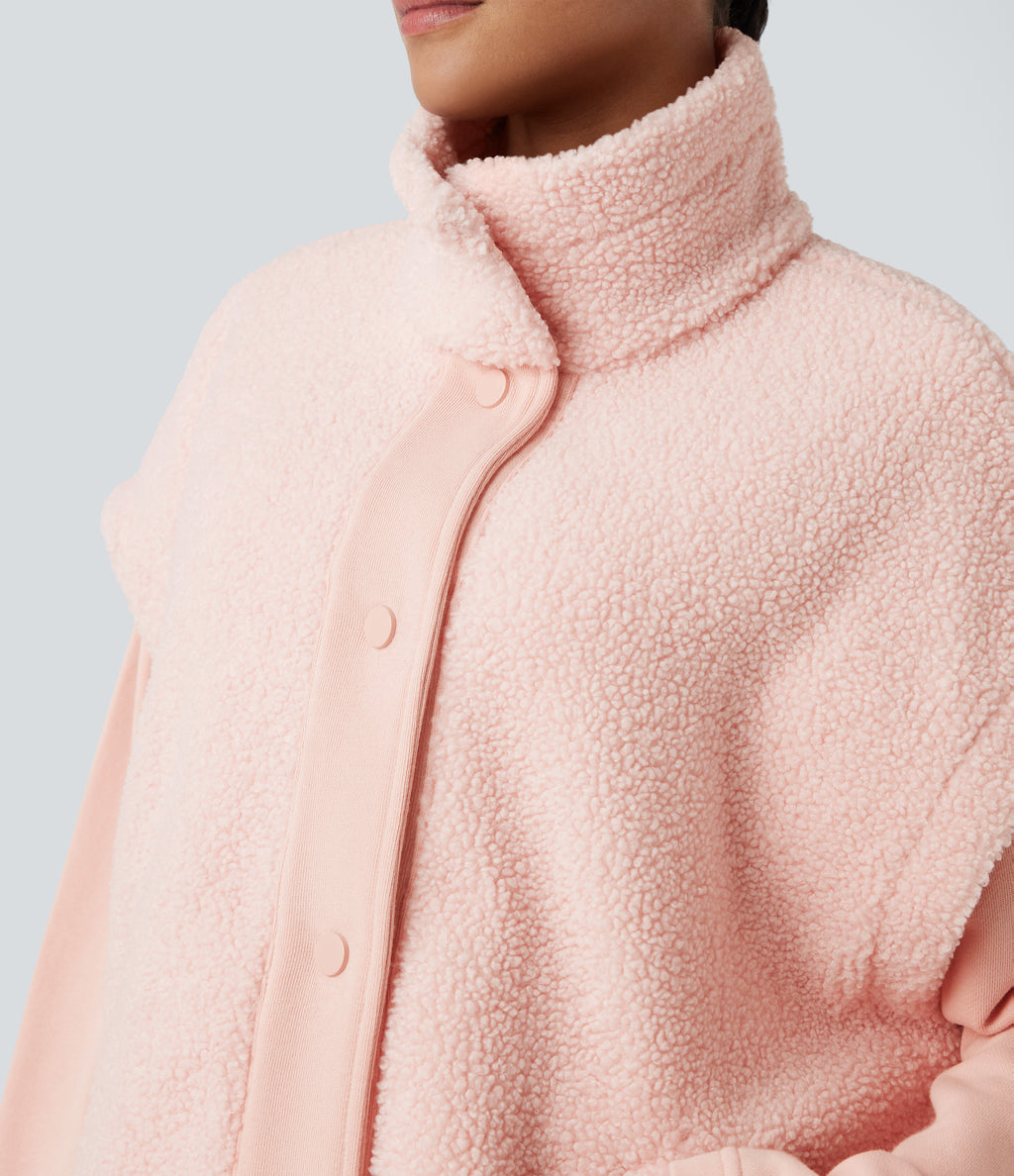 High-neck Knot 2-in-1 Casual Sherpa Jacket with Pockets — Mangano Calcite — view 4