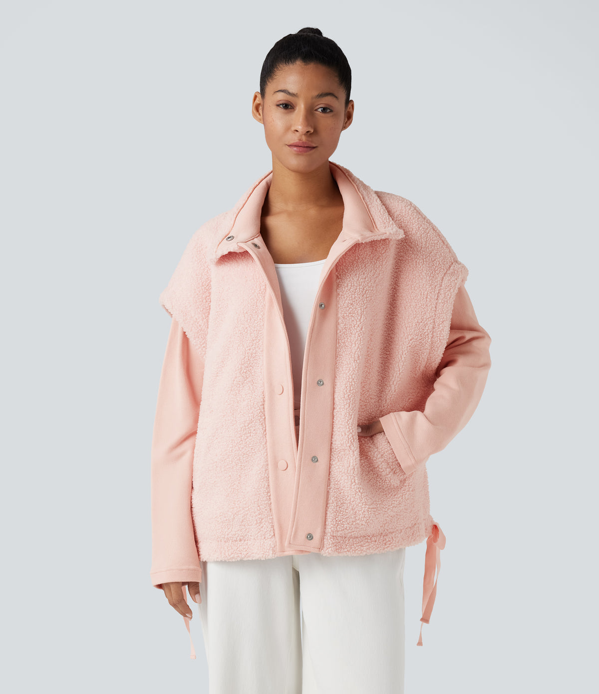 High-neck Knot 2-in-1 Casual Sherpa Jacket with Pockets — Mangano Calcite — view 1
