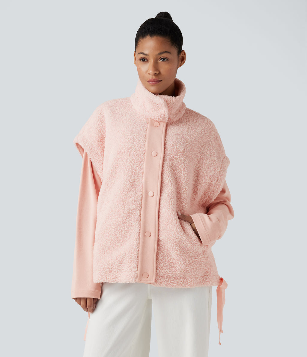 High-neck Knot 2-in-1 Casual Sherpa Jacket with Pockets — Mangano Calcite — view 7