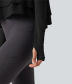 Hooded Long Sleeve Thumb Holes Ruffle Hem Cropped Workout Sports Top — Black — view 7