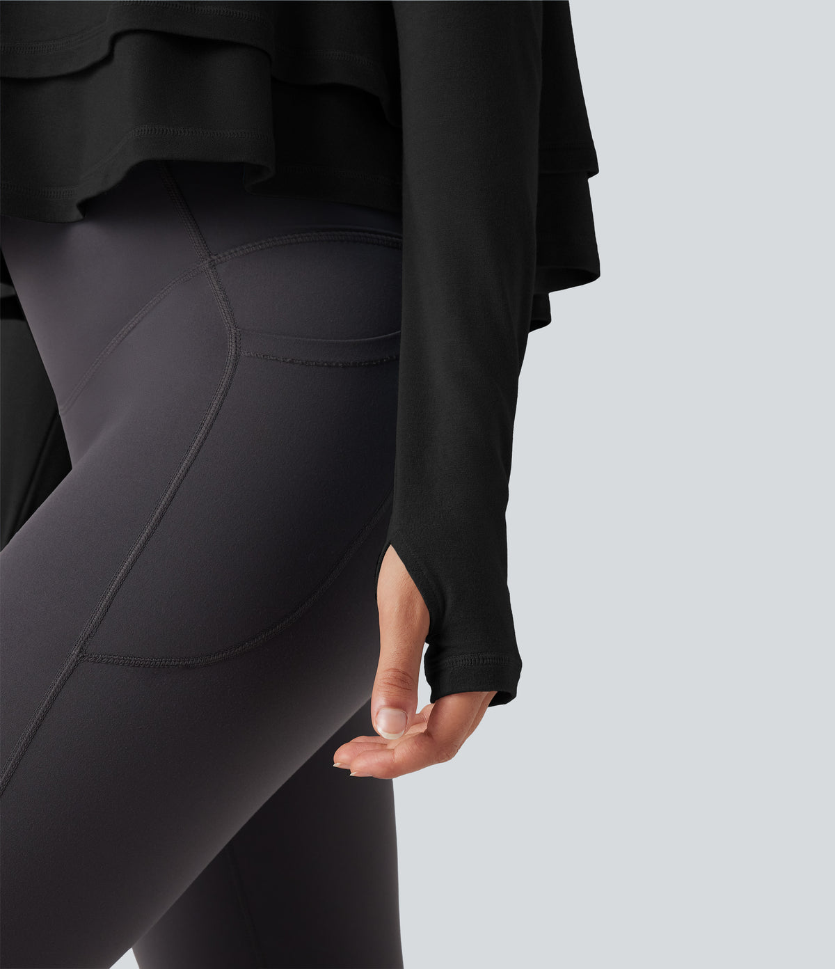 Hooded Long Sleeve Thumb Holes Ruffle Hem Cropped Workout Sports Top — Black — view 7