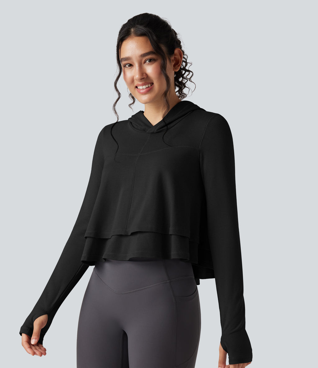 Hooded Long Sleeve Thumb Holes Ruffle Hem Cropped Workout Sports Top — Black — view 1