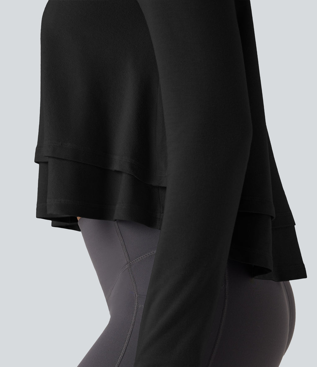 Hooded Long Sleeve Thumb Holes Ruffle Hem Cropped Workout Sports Top — Black — view 6