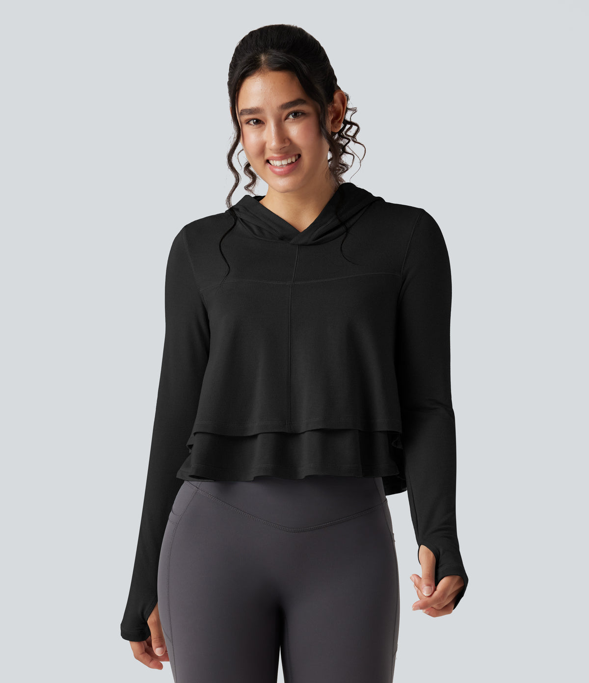 Hooded Long Sleeve Thumb Holes Ruffle Hem Cropped Workout Sports Top — Black — view 3