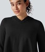 Hooded Long Sleeve Thumb Holes Ruffle Hem Cropped Workout Sports Top — Black — view 4