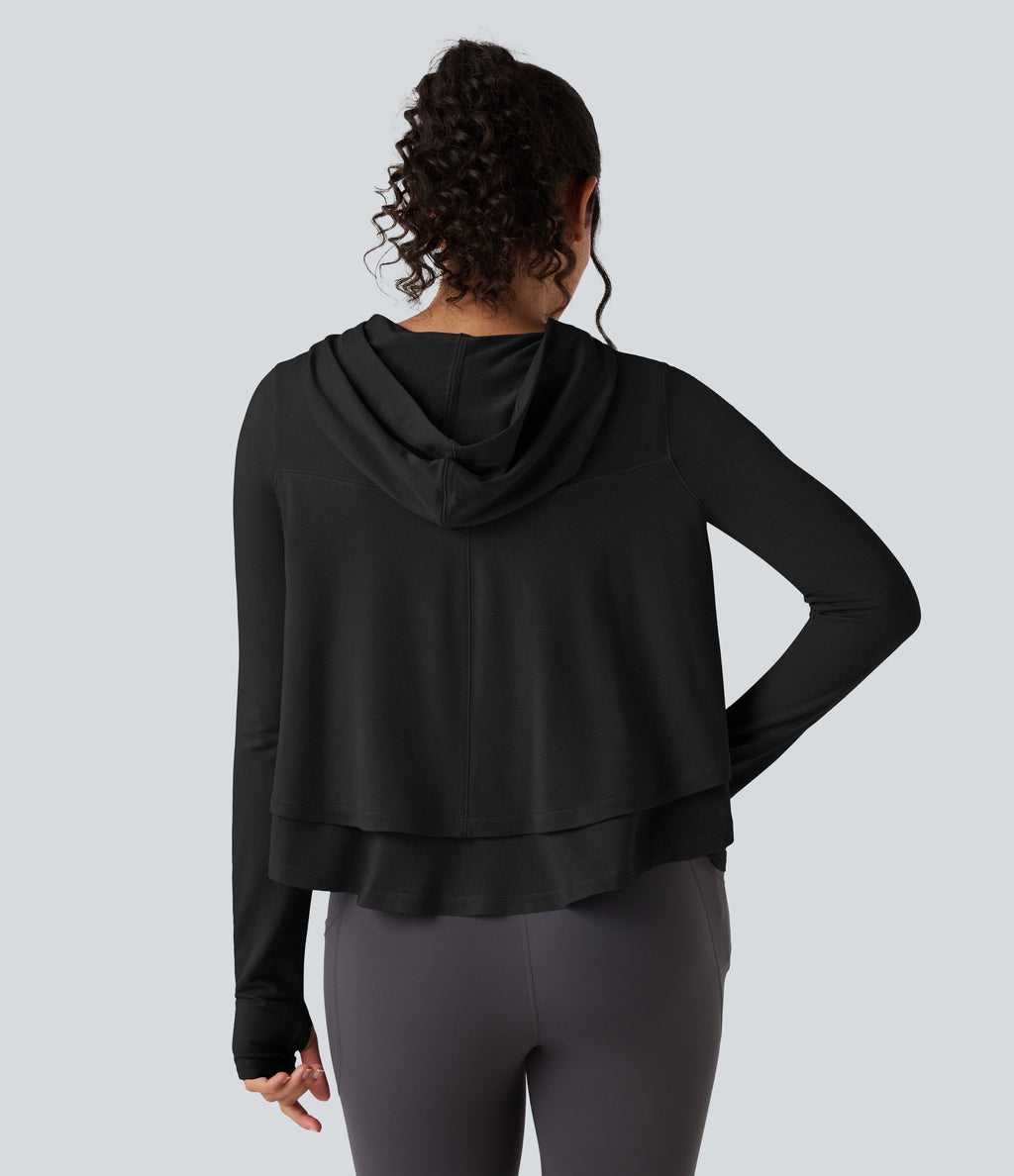 Hooded Long Sleeve Thumb Holes Ruffle Hem Cropped Workout Sports Top — Black — view 2