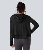 Hooded Long Sleeve Thumb Holes Ruffle Hem Cropped Workout Sports Top — Black — view 2