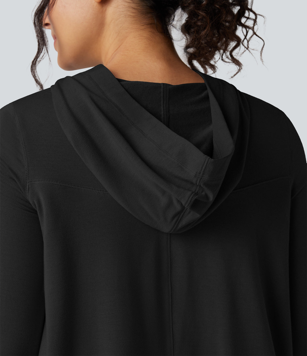 Hooded Long Sleeve Thumb Holes Ruffle Hem Cropped Workout Sports Top — Black — view 5