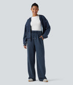 High Waisted Drawstring Washed French Terry Casual Cotton Trousers with Pockets — Insignia Blue — view 6