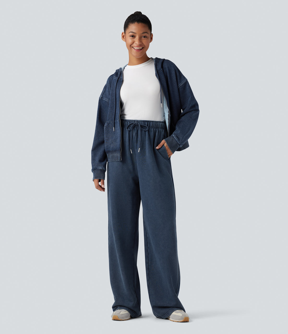 High Waisted Drawstring Washed French Terry Casual Cotton Trousers with Pockets — Insignia Blue — view 6