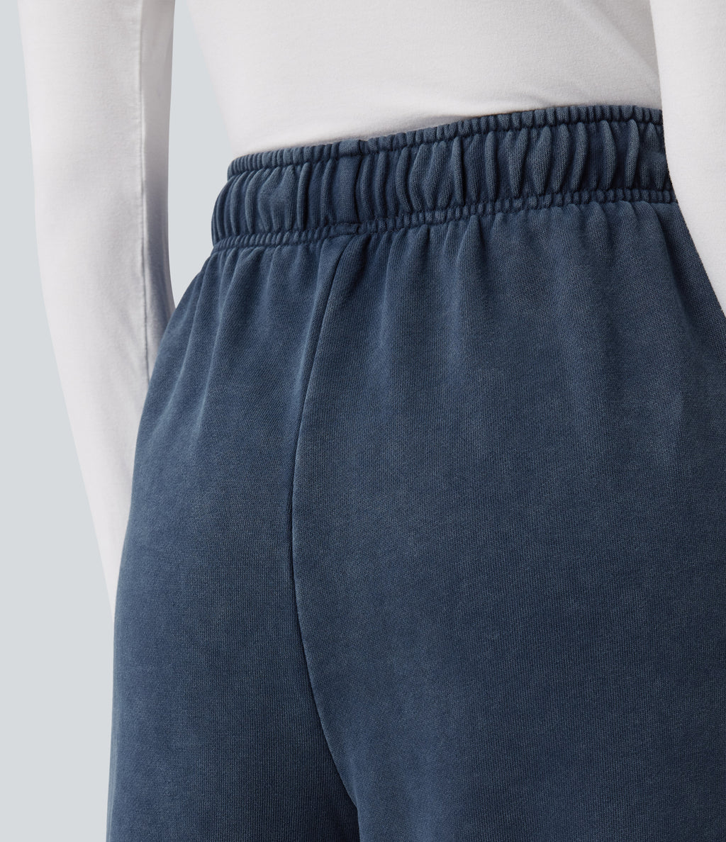 High Waisted Drawstring Washed French Terry Casual Cotton Trousers with Pockets — Insignia Blue — view 5