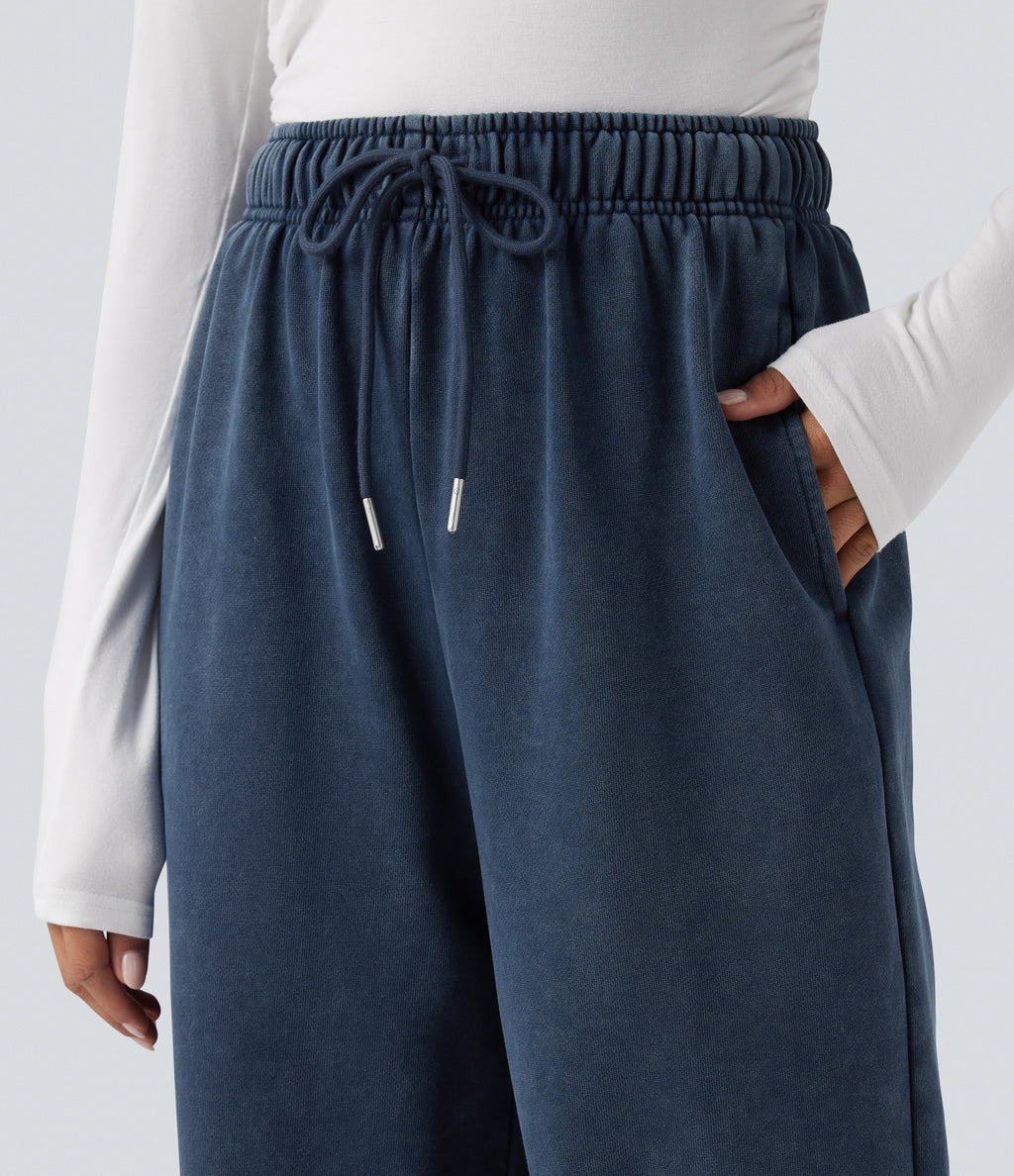 High Waisted Drawstring Washed French Terry Casual Cotton Trousers with Pockets — Insignia Blue — view 4