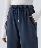 High Waisted Drawstring Washed French Terry Casual Cotton Trousers with Pockets — Insignia Blue — view 4
