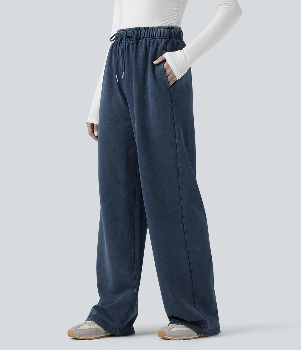 High Waisted Drawstring Washed French Terry Casual Cotton Trousers with Pockets — Insignia Blue — view 3