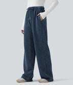 High Waisted Drawstring Washed French Terry Casual Cotton Trousers with Pockets — Insignia Blue — view 3