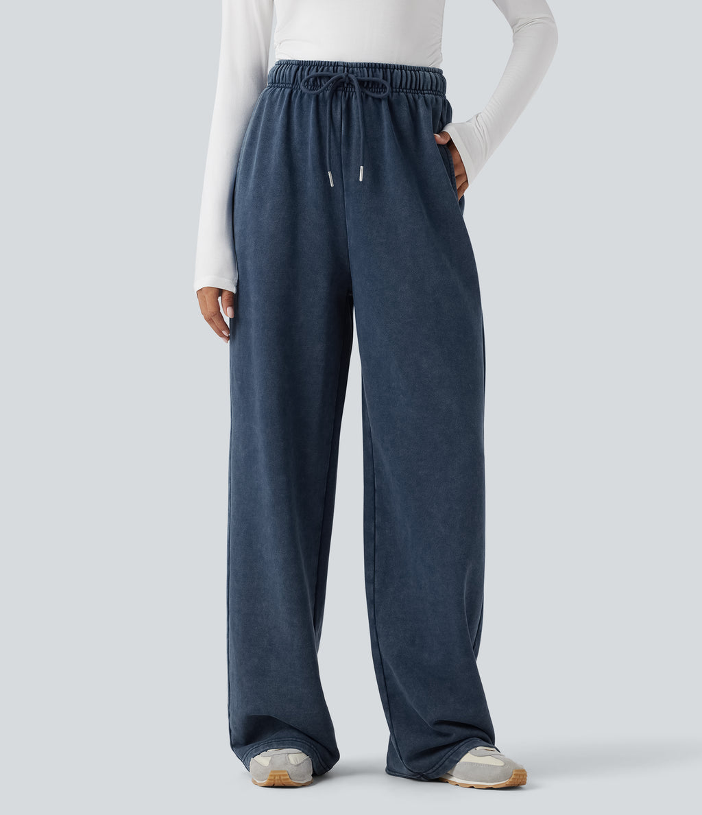 High Waisted Drawstring Washed French Terry Casual Cotton Trousers with Pockets — Insignia Blue — view 1