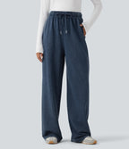 High Waisted Drawstring Washed French Terry Casual Cotton Trousers with Pockets — Insignia Blue — view 1