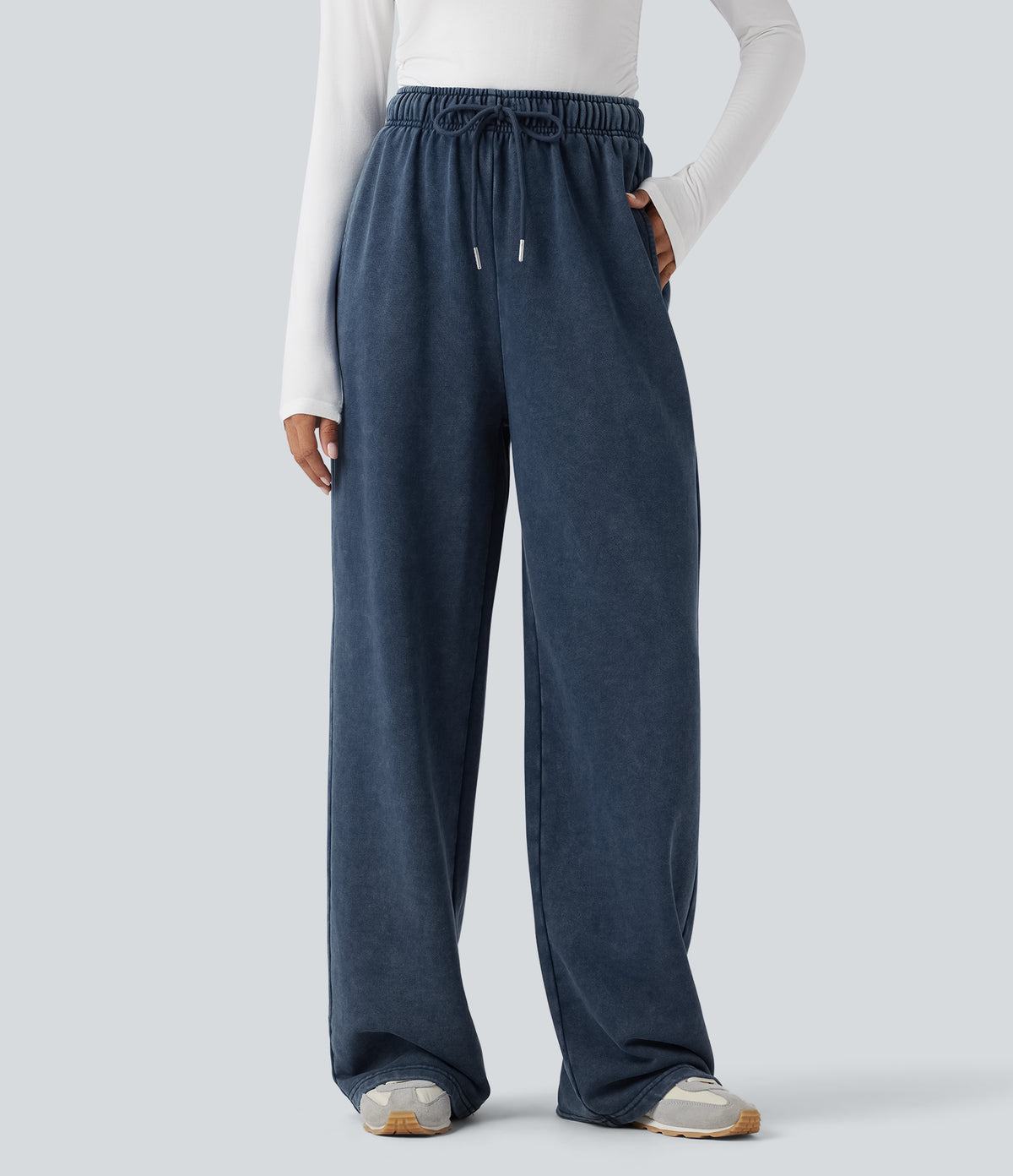 High Waisted Drawstring Washed French Terry Casual Cotton Trousers with Pockets — Insignia Blue — view 1