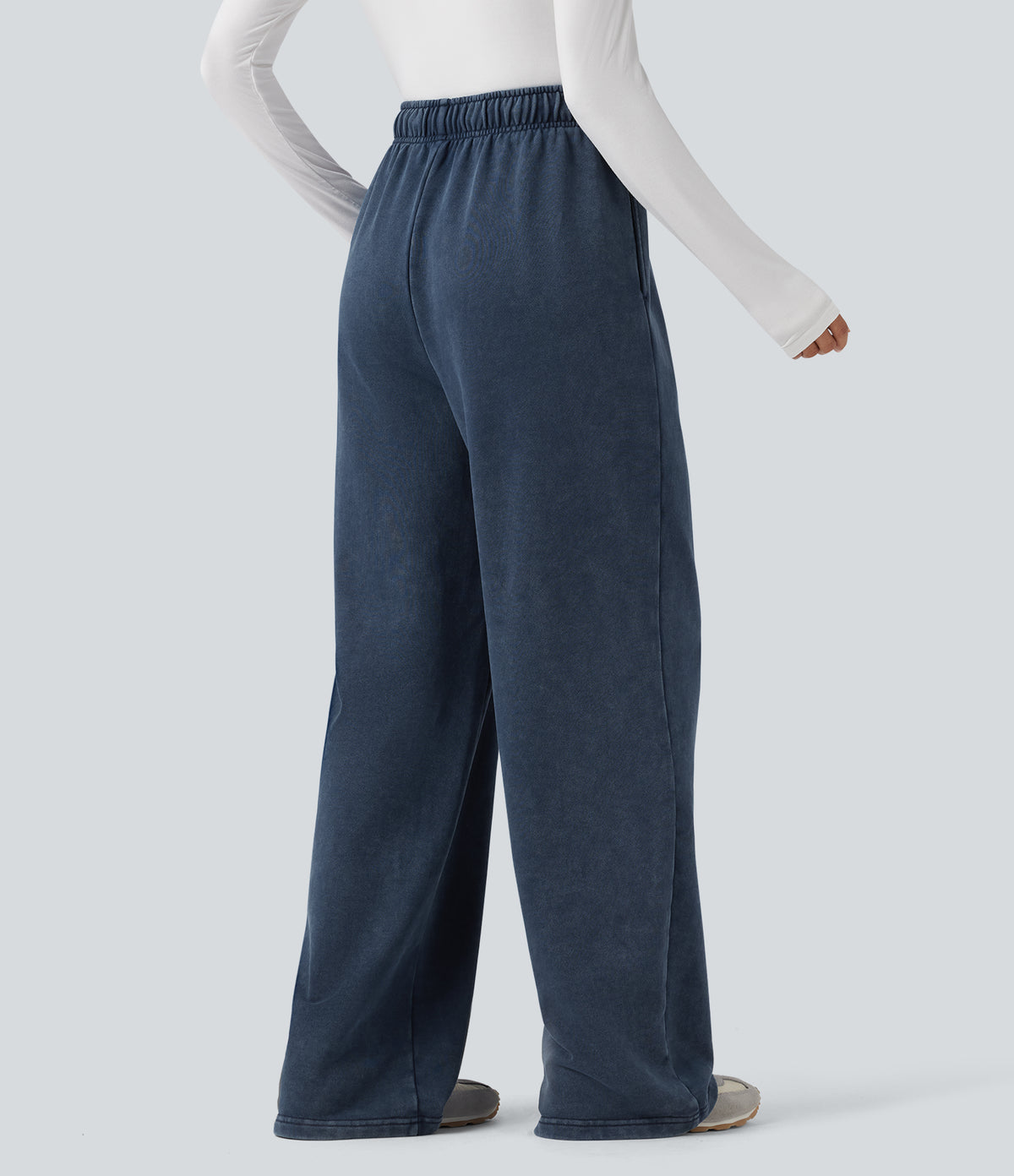 High Waisted Drawstring Washed French Terry Casual Cotton Trousers with Pockets — Insignia Blue — view 2