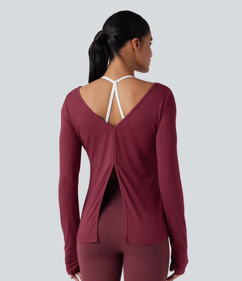 V-back Long Sleeve Thumb Holes Split Workout Sports Top — Tibetan Red — view 2