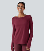 V-back Long Sleeve Thumb Holes Split Workout Sports Top — Tibetan Red — view 3