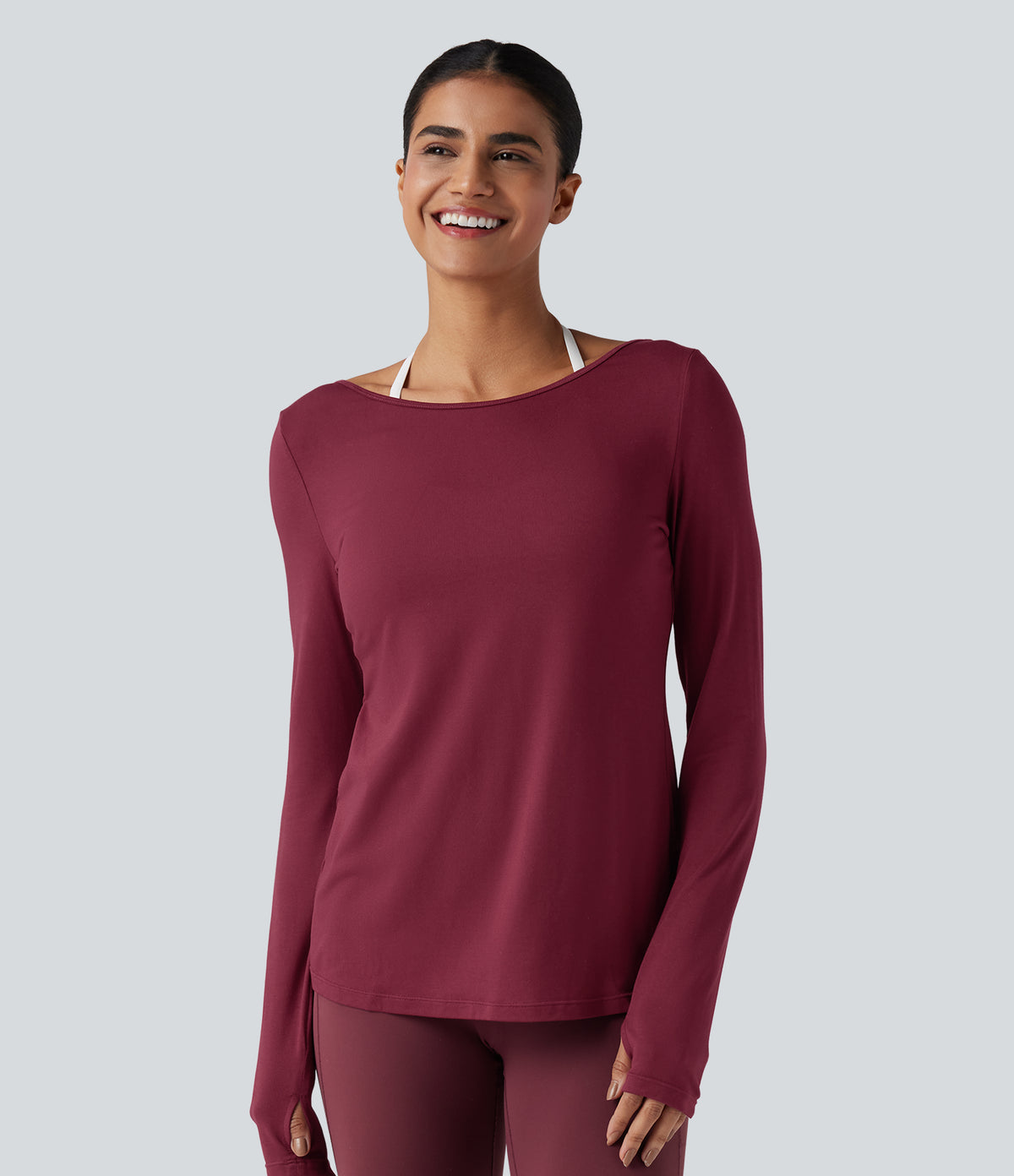 V-back Long Sleeve Thumb Holes Split Workout Sports Top — Tibetan Red — view 3