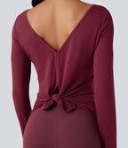 V-back Long Sleeve Thumb Holes Split Workout Sports Top — Tibetan Red — view 6