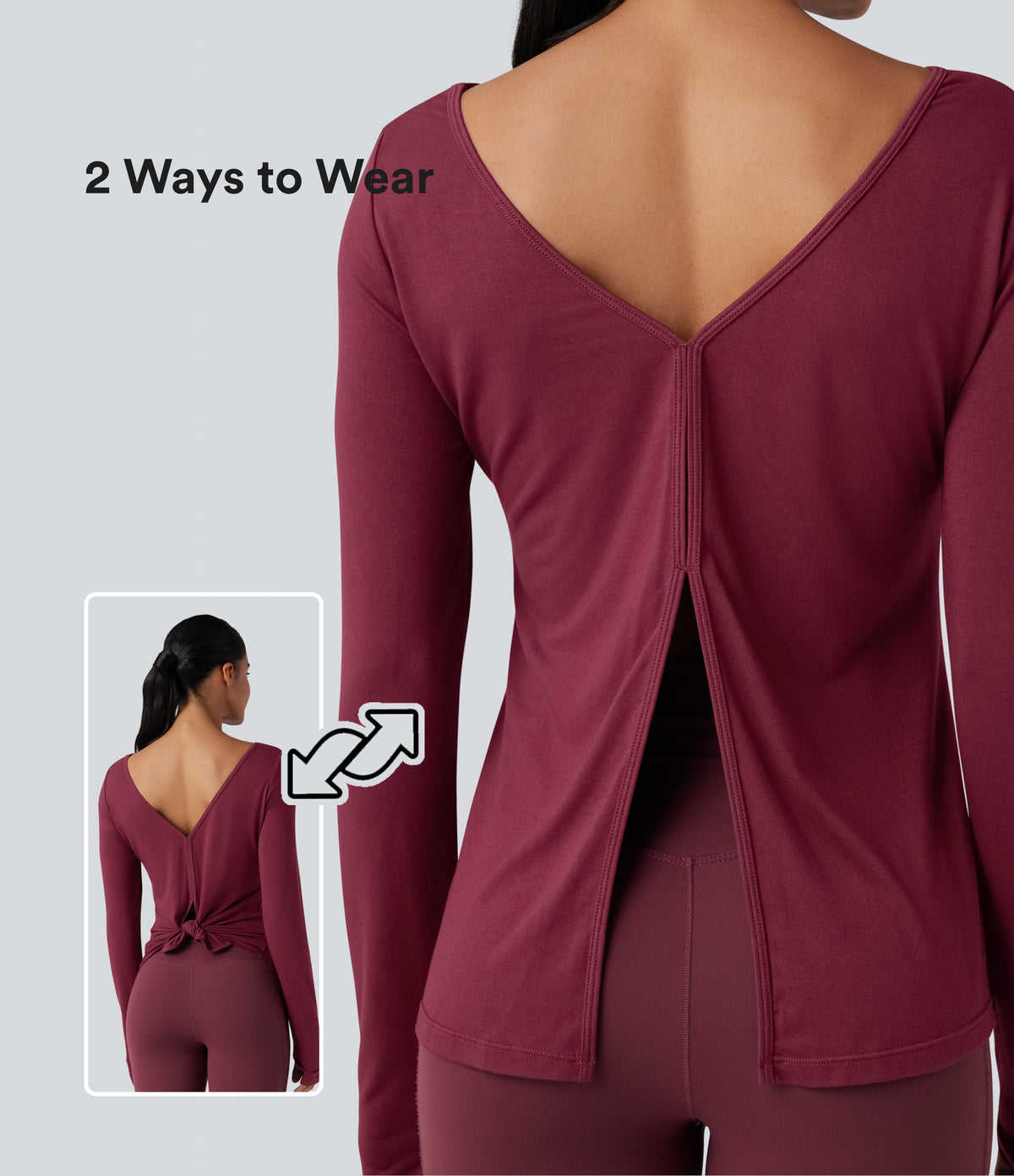 V-back Long Sleeve Thumb Holes Split Workout Sports Top — Tibetan Red — view 1