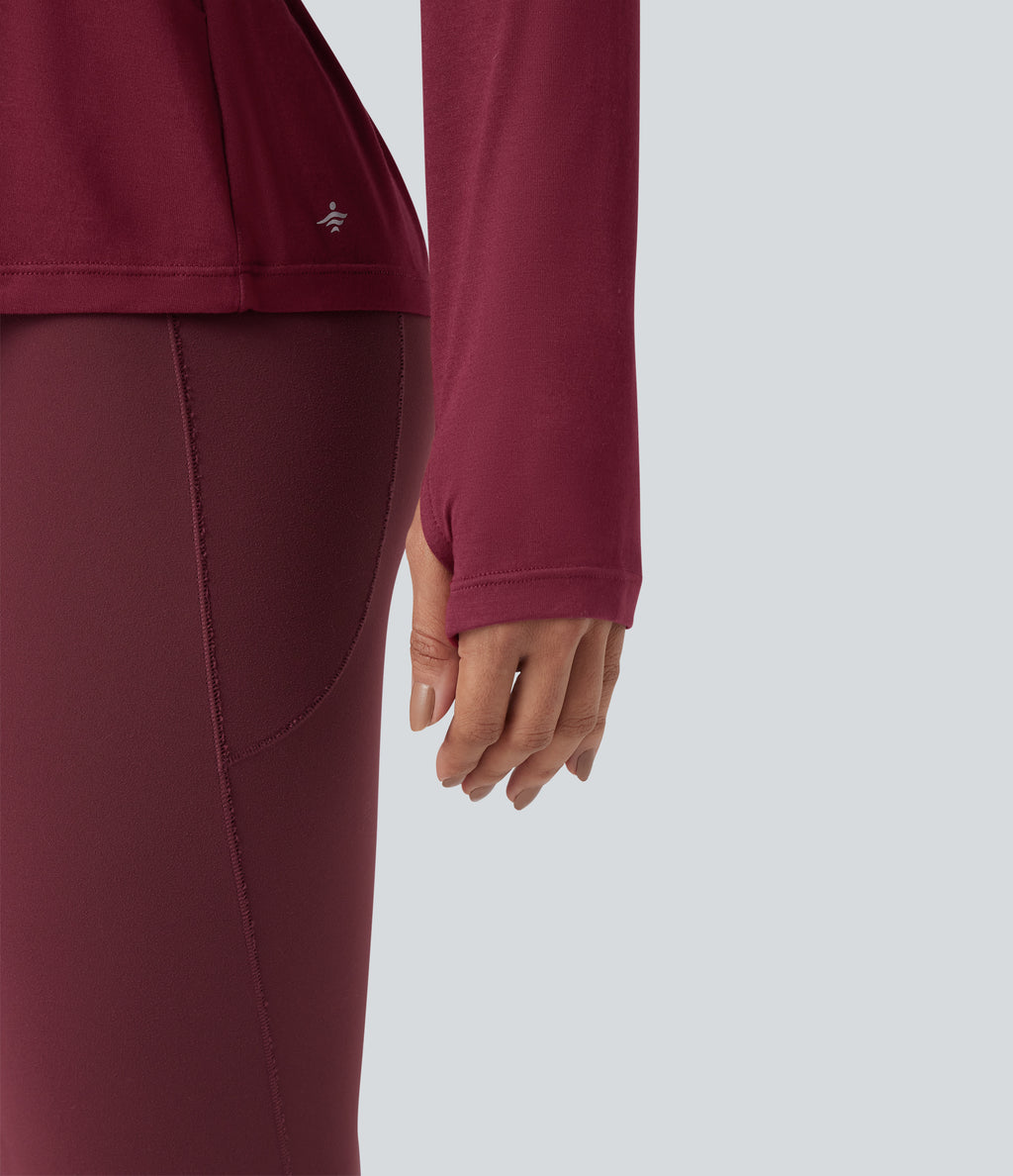 V-back Long Sleeve Thumb Holes Split Workout Sports Top — Tibetan Red — view 7