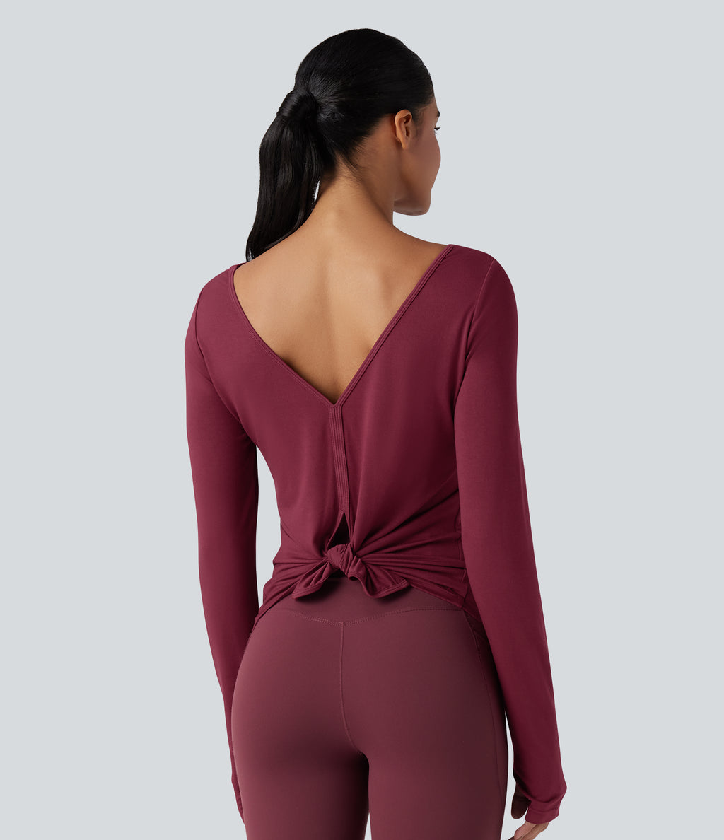 V-back Long Sleeve Thumb Holes Split Workout Sports Top — Tibetan Red — view 5