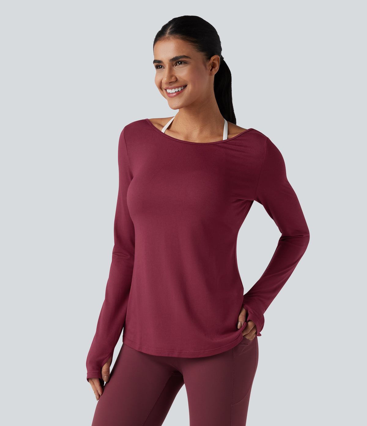 V-back Long Sleeve Thumb Holes Split Workout Sports Top — Tibetan Red — view 4