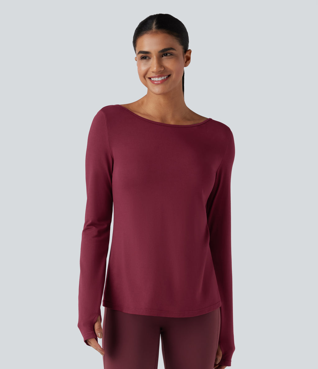 V-back Long Sleeve Thumb Holes Split Workout Sports Top — Tibetan Red — view 8