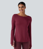 V-back Long Sleeve Thumb Holes Split Workout Sports Top — Tibetan Red — view 8