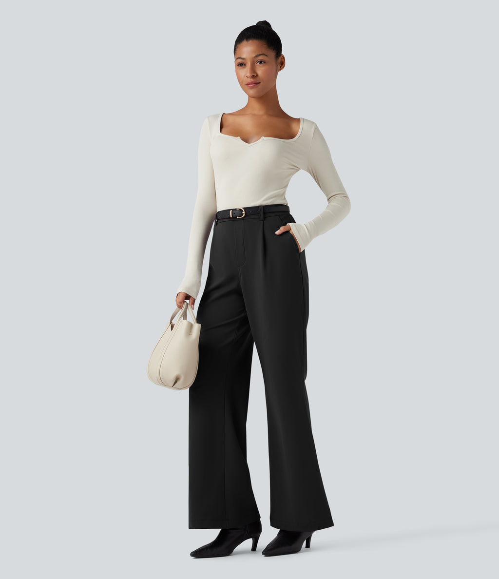 Plush Thermal High Waisted Work Flared Trousers with Pockets — Black — view 6