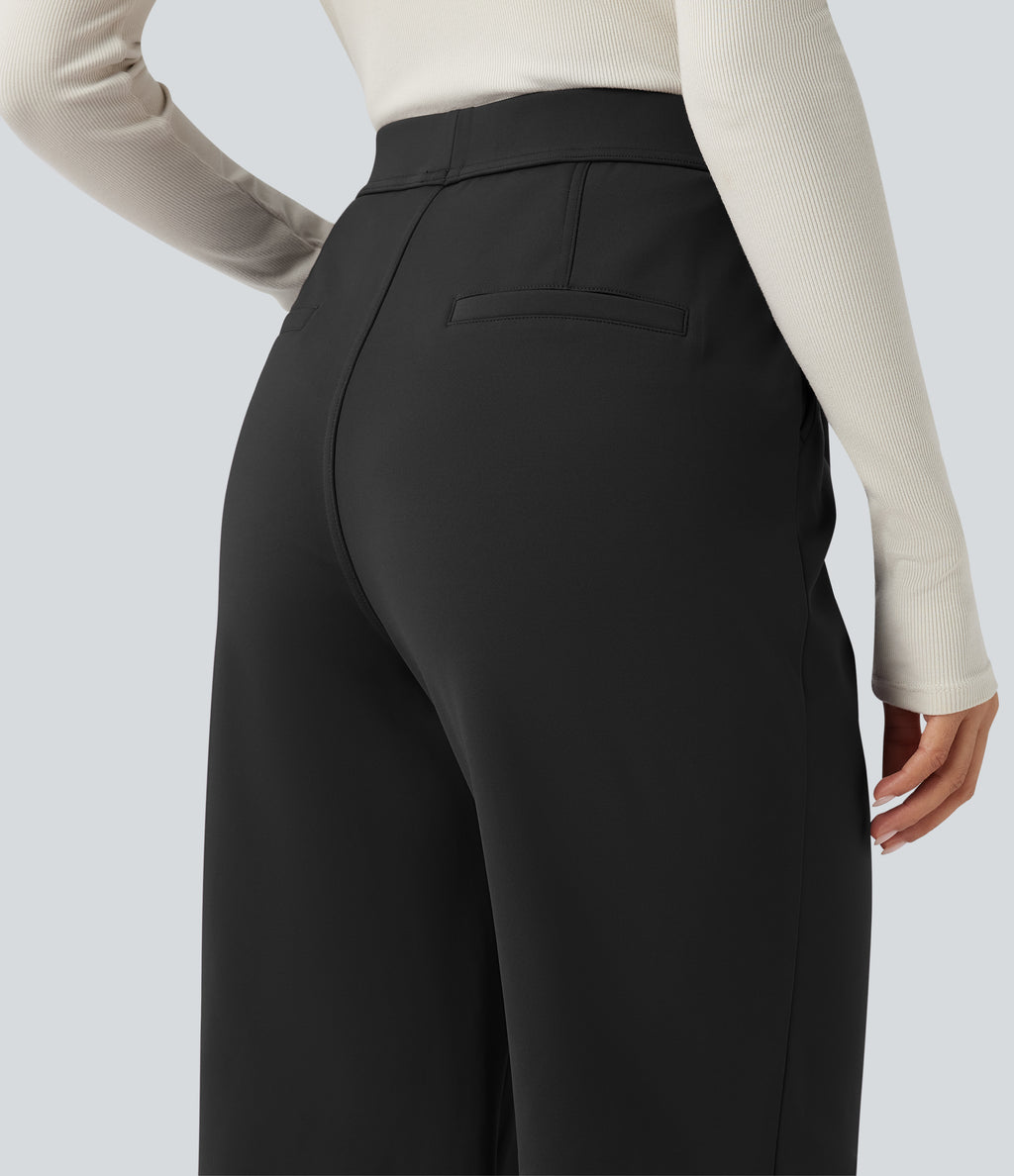 Plush Thermal High Waisted Work Flared Trousers with Pockets — Black — view 5