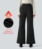 Plush Thermal High Waisted Work Flared Trousers with Pockets — Black — view 1