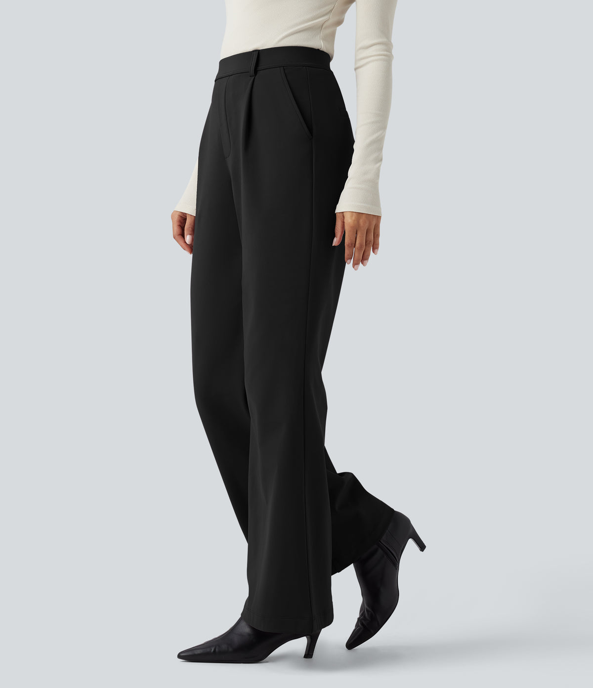 Plush Thermal High Waisted Work Flared Trousers with Pockets — Black — view 3