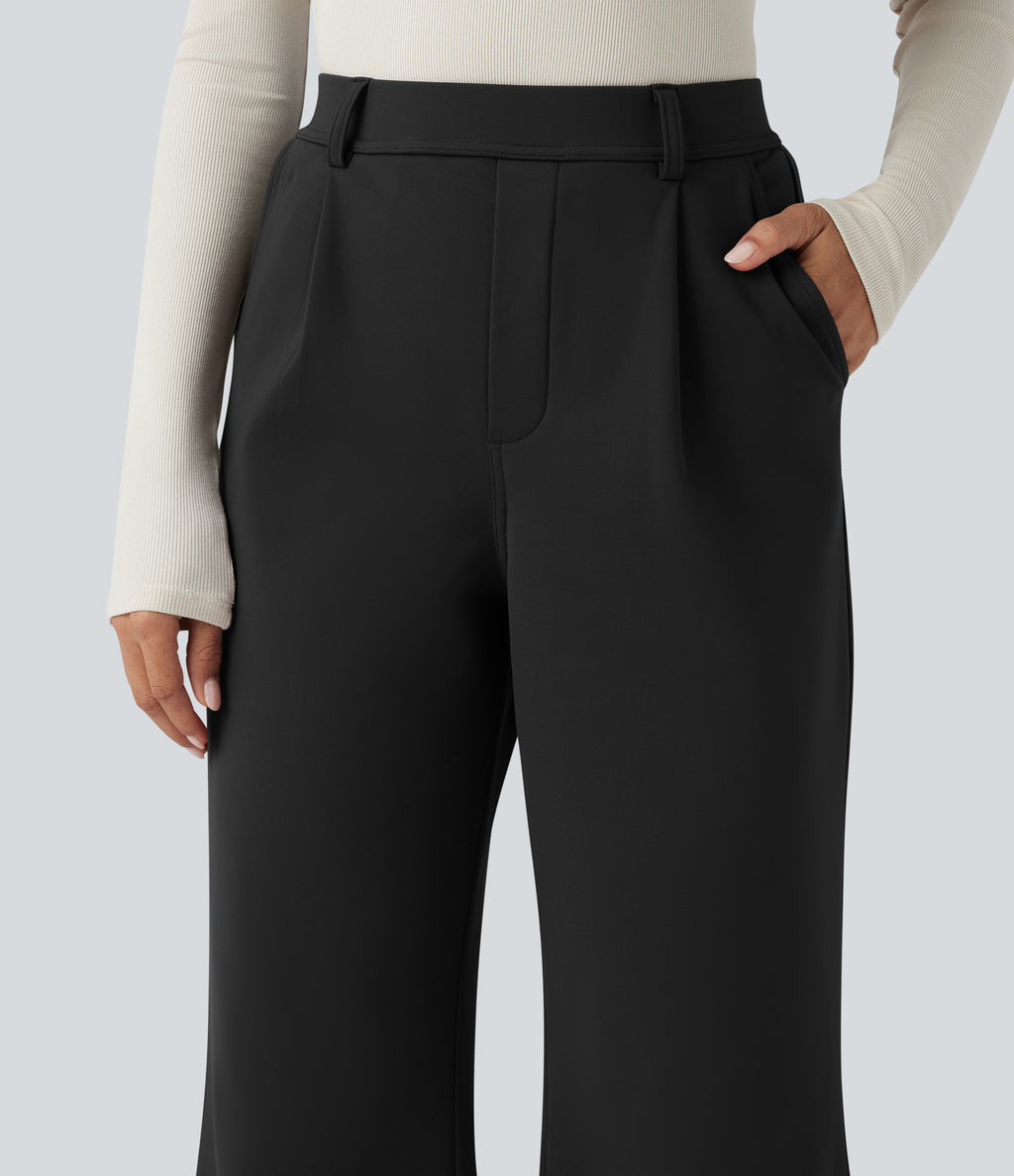 Plush Thermal High Waisted Work Flared Trousers with Pockets — Black — view 4