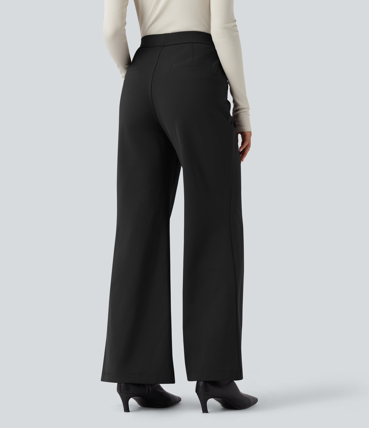 Plush Thermal High Waisted Work Flared Trousers with Pockets — Black — view 2