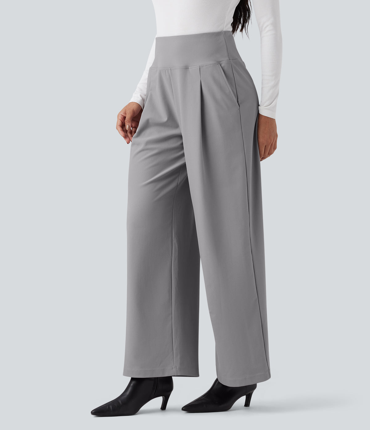 High Waisted Twill Work Baggy Trousers with Pockets — Elephant Skin — view 3
