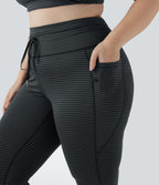 High Waisted Drawstring Striped Yoga Plus Size Leggings with Pockets — Steel Stripe — view 4
