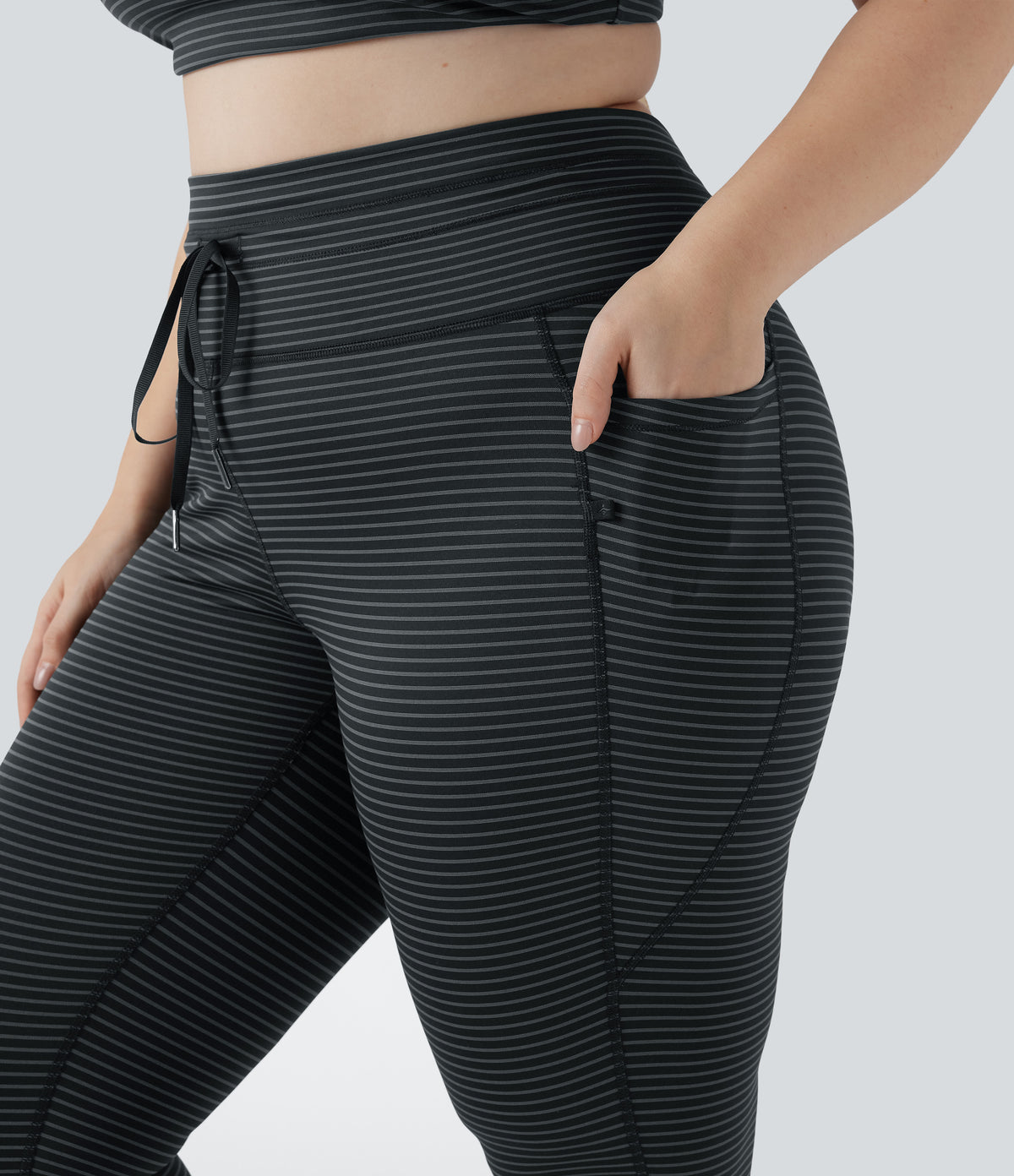 High Waisted Drawstring Striped Yoga Plus Size Leggings with Pockets — Steel Stripe — view 4